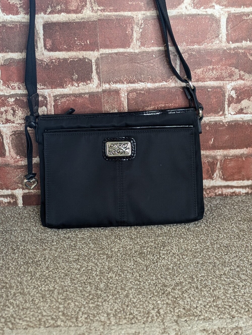 Brighton Twister Squared Crossbody Bag Black Nylon Leather Organizer Y2K Vintage